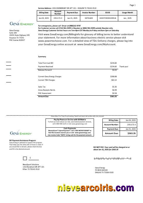 USA Texas Gexa Energy business utility bill
